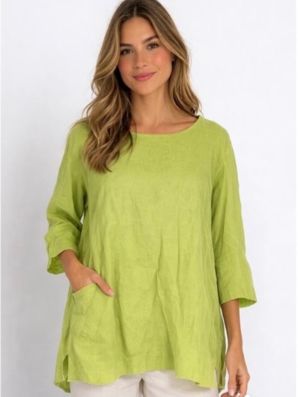 Flax Lime Green Cottagecore Relaxed Summer Linen Tunic with Pocket